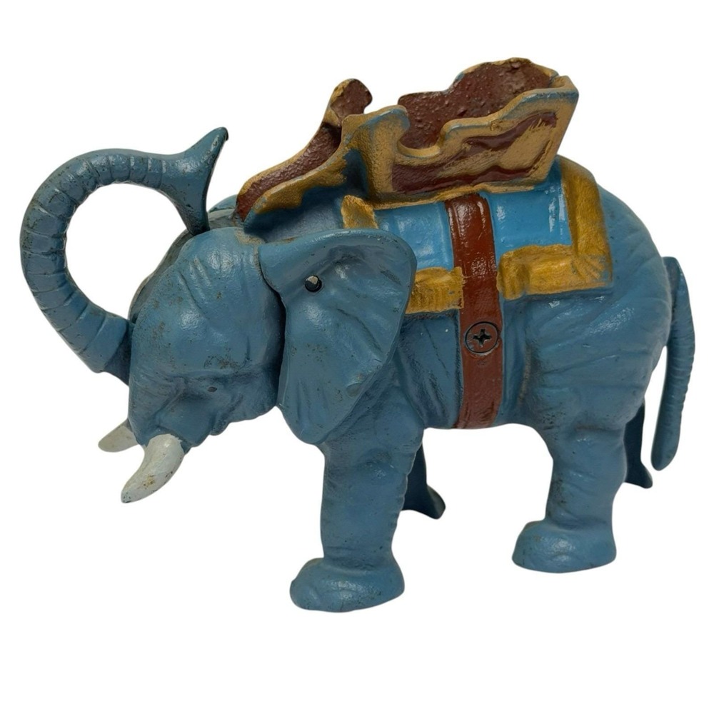 Vintage Cast Iron Die Cast Metal Circus Elephant Mechanical Coin Bank WORKS!
